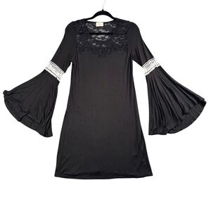 Love Story Womens Black Bell Sleeve Dress Lace Trim Romantic Chic M